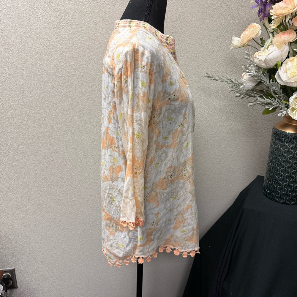 Felicity Jade Peach Floral 100% Cotton Tunic Top Boho Embroidered Trim M - Picture 5 of 9